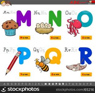 Cartoon Illustration of Capital Letters Alphabet Educational Set for Reading and Writing Learning for Children from M to R