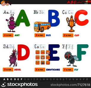 Cartoon Illustration of Capital Letters Alphabet Educational Set for Reading and Writing Practise for Children from A to F