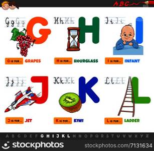 Cartoon Illustration of Capital Letters Alphabet Educational Set for Reading and Writing Learning for Children from G to L