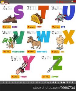Cartoon illustration of capital letters alphabet educational set for reading and writing practice for elementary age kids from S to Z
