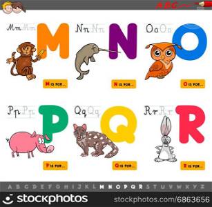 Cartoon Illustration of Capital Letters Alphabet Set with Animal Characters for Reading and Writing Education for Children from M to R