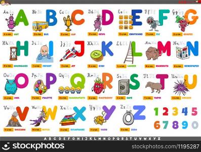 Cartoon Illustration of Capital Letters Alphabet Set with Funny Characters and Objects for Reading and Writing Education for Children