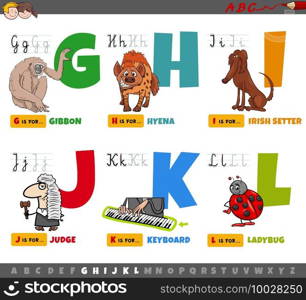 Cartoon illustration of capital letters from alphabet educational set for reading and writing practise for kids from G to L