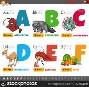 Cartoon illustration of capital letters from alphabet educational set for reading and writing practice for children from A to F