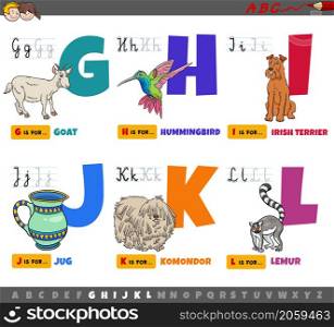 Cartoon illustration of capital letters from alphabet educational set for reading and writing practise for children from G to L