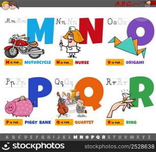 Cartoon illustration of capital letters from alphabet educational set for reading and writing practise for children from M to R