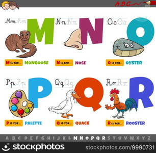 Cartoon illustration of capital letters from alphabet educational set for reading and writing practise for kids from M to R