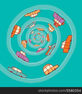 Cartoon illustration of cars entering into an endless spiral