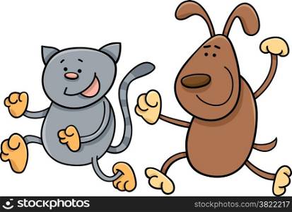 Cartoon Illustration of Cat and Dog Playing Tag