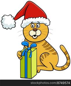 Cartoon illustration of cat animal character with gift on Christmas time