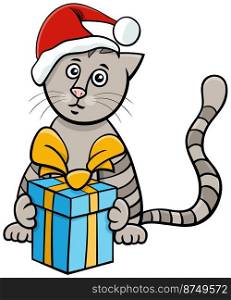 Cartoon illustration of cat character with gift on Christmas time