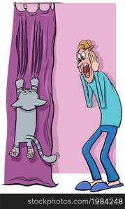 Cartoon illustration of cat hanging on curtain and his terrified owner