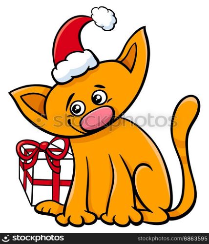 Cartoon Illustration of Cat or Kitten Animal Character with Christmas Present