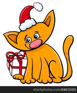 Cartoon Illustration of Cat or Kitten Animal Character with Christmas Present