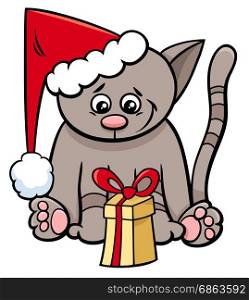Cartoon Illustration of Cat or Kitten Funny Animal Character with Christmas Present