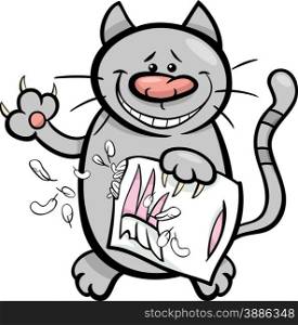 Cartoon Illustration of Cat or Kitten Scratching a Pillow with his Claws
