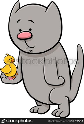 Cartoon Illustration of Cat or Kitten with Canary