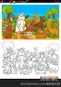 Cartoon Illustration of Cats and Dogs Animal Characters Group in the Park Coloring Book Activity
