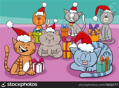 Cartoon illustration of cats and kittens animal characters group with presents on Christmas time