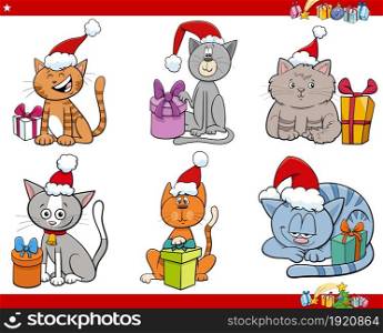 Cartoon illustration of cats animal characters on Christmas Time set