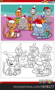 Cartoon illustration of cats characters with presents on Christmas time coloring book page
