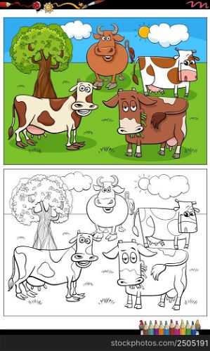 Cartoon illustration of cattle farm animals comic characters group coloring book page