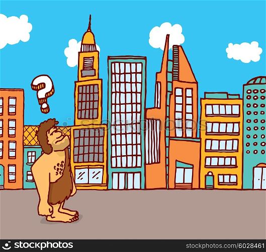 Cartoon illustration of caveman feeling lost in the city