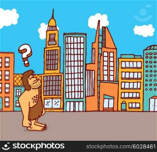 Cartoon illustration of caveman feeling lost in the city
