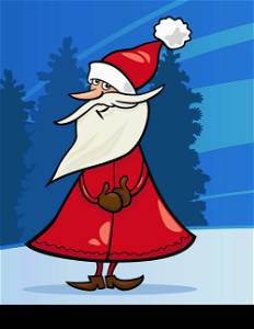 Cartoon Illustration of Cheerful Santa Claus or Papa Noel against Evening Sky and Christmas Tree