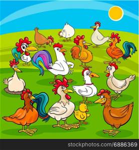 Cartoon Illustration of Chickens Birds Farm Animal Characters Group