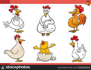 Cartoon illustration of chickens birds farm animals characters set