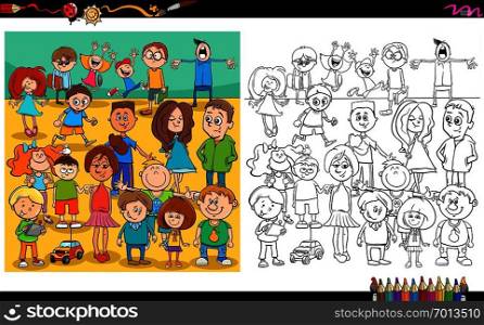 Cartoon Illustration of Children and Teenager Characters Group Coloring Book Worksheet