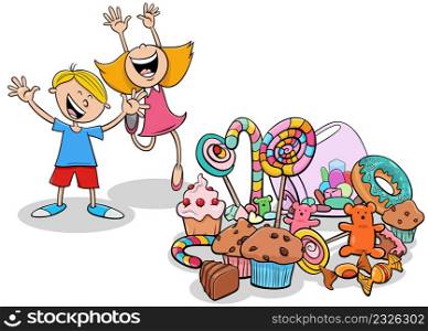 Cartoon illustration of children characters and a pile of sweets