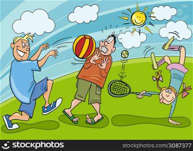Cartoon illustration of children comic characters playing in the park