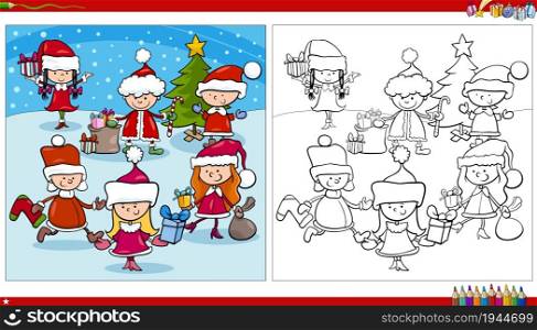 Cartoon illustration of children in Santa Claus costumes on Christmas time coloring book page