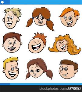 Cartoon illustration of children or teenagers characters faces set