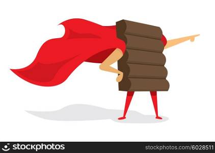 Cartoon illustration of chocolate bar super hero standing with cape