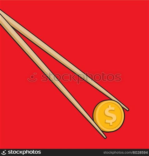 Cartoon illustration of chopsticks holding money or coin