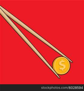 Cartoon illustration of chopsticks holding money or coin