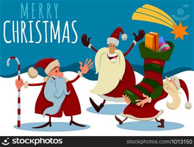 Cartoon Illustration of Christmas Design or Greeting Card with Santa Claus Characters and Presents