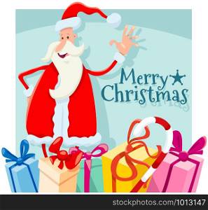 Cartoon Illustration of Christmas Design with Santa Claus Character and Presents