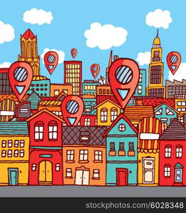 Cartoon illustration of city full of marker icon locations or landmarks