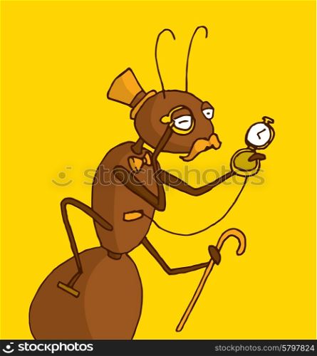 Cartoon illustration of classy ant expert in antiques