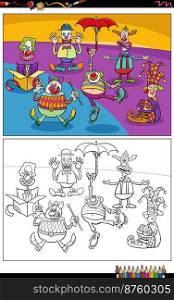 Cartoon illustration of clowns or comedians characters group coloring page