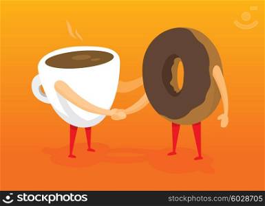 Cartoon illustration of coffee and donut friends shaking hands