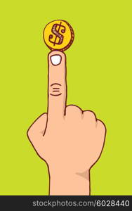 Cartoon illustration of coin balancing on a finger