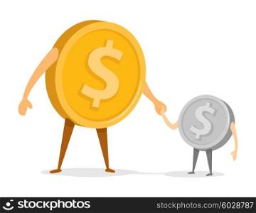 Cartoon illustration of coin father and son holding hands