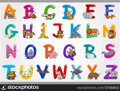 Cartoon Illustration of Colorful Alphabet Letters Set from A to Z with Funny Animals