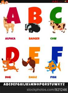 Cartoon Illustration of Colorful Alphabet Set from Letter A to F with Happy Animal Characters