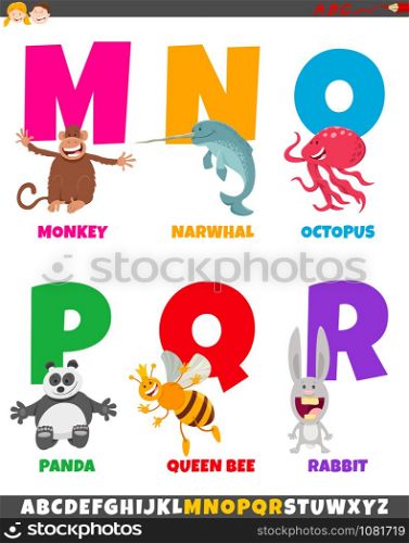 Cartoon Illustration of Colorful Alphabet Set from Letter M to R with Animal Characters